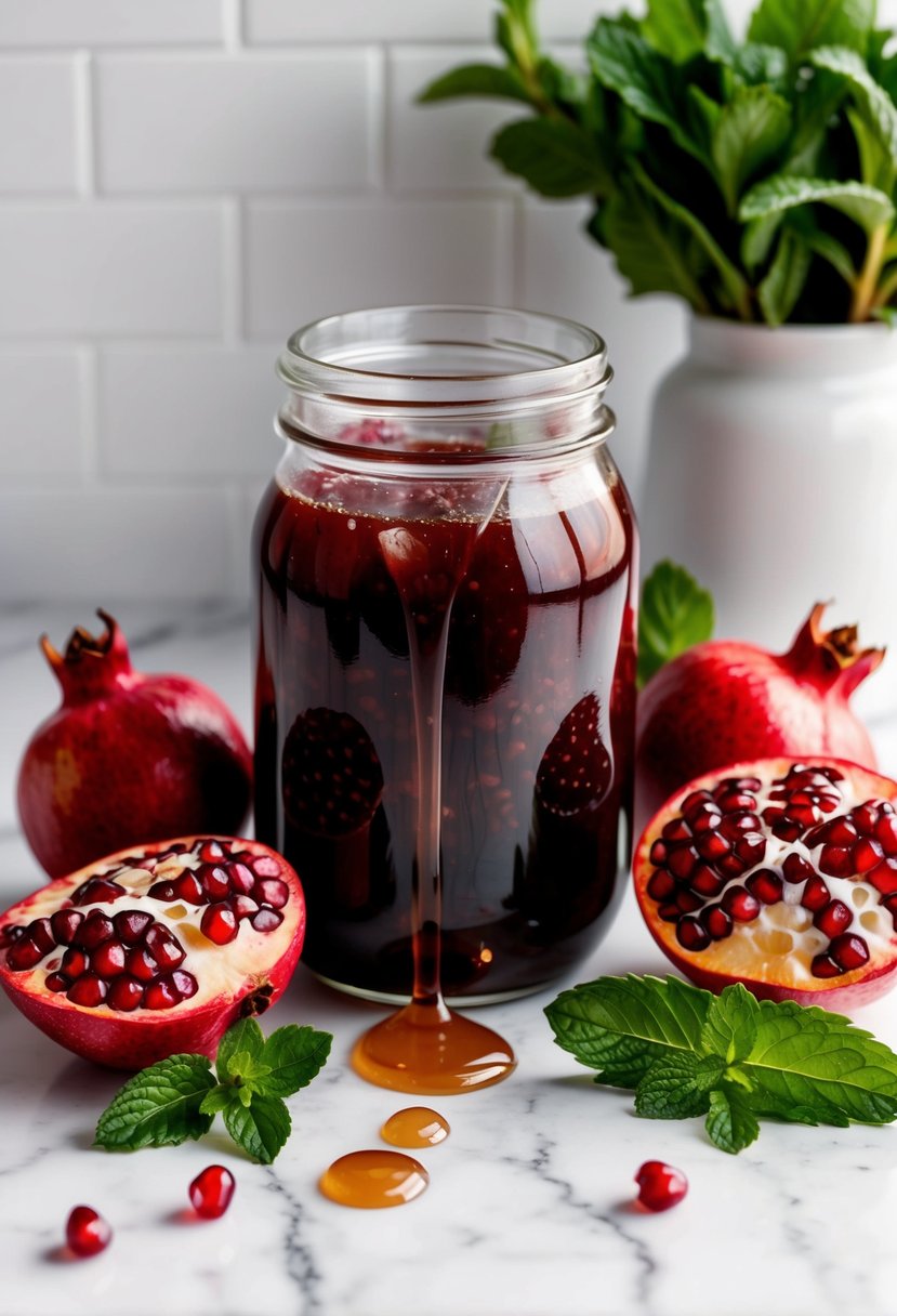 A glass jar of pomegranate molasses surrounded by fresh pomegranates, mint leaves, and a drizzle of the molasses on a white marble countertop