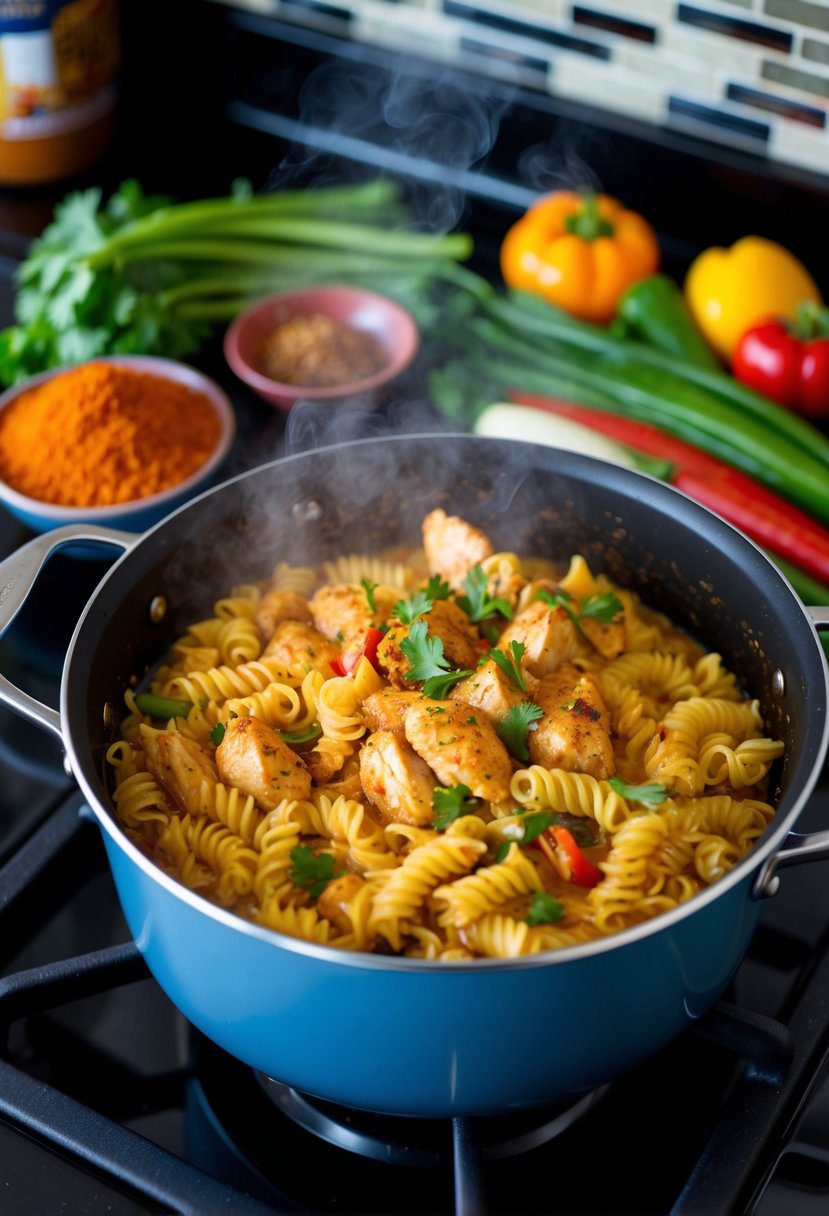 A steaming pot of Cajun chicken pasta simmering on a stovetop, surrounded by colorful vegetables and aromatic spices