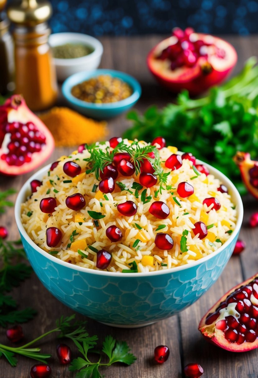 A vibrant bowl of jeweled rice adorned with scattered pomegranate seeds and fresh herbs, set against a backdrop of colorful spices and ingredients