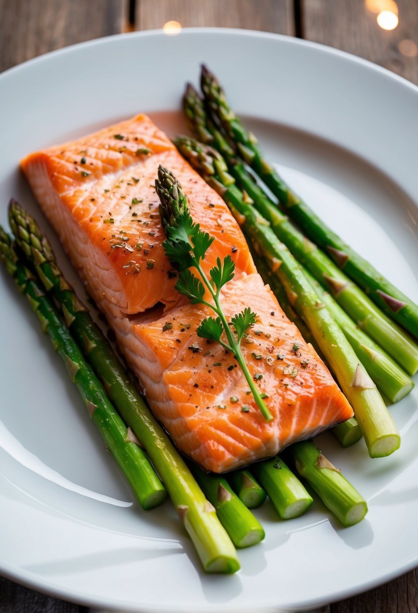 A perfectly cooked salmon fillet surrounded by vibrant green asparagus spears on a white plate