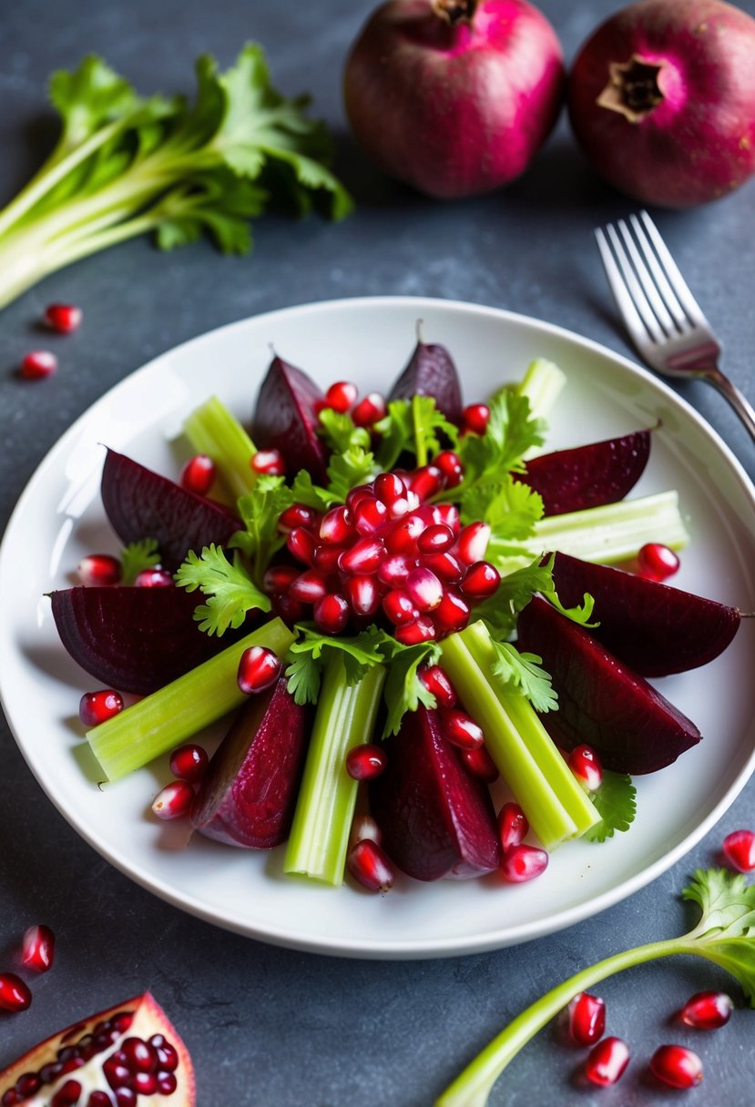 A colorful beet salad with celery and pomegranate seeds, arranged on a white plate