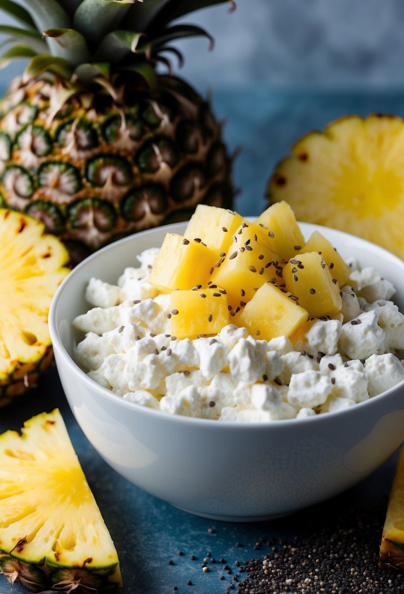 A bowl of cottage cheese topped with diced pineapple, surrounded by fresh pineapple slices and a sprinkle of chia seeds