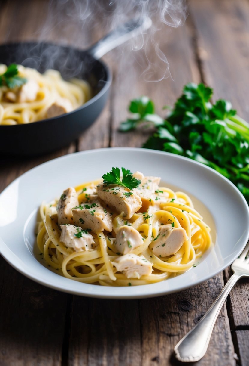 A steaming plate of creamy chicken Alfredo pasta with a sprinkle of parsley on a rustic wooden table