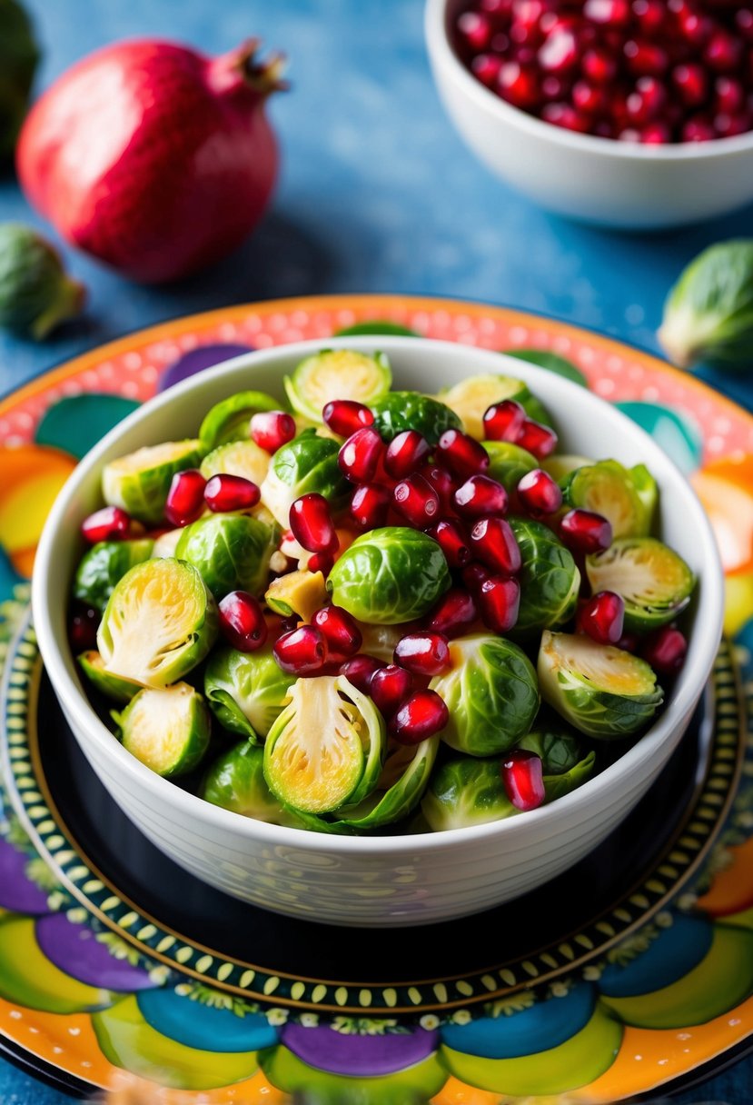 A bowl of Brussels sprout salad topped with vibrant pomegranate seeds, surrounded by fresh ingredients and a colorful serving platter