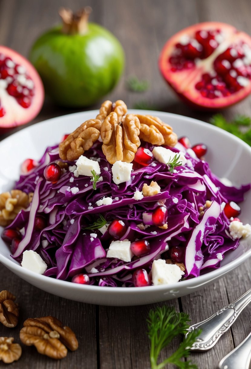 A vibrant red cabbage salad with walnuts and crumbled feta, topped with juicy pomegranate seeds