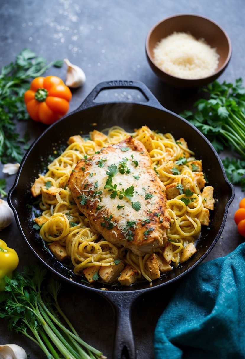 A sizzling skillet of garlic parmesan chicken and pasta, topped with fresh herbs and surrounded by colorful vegetables