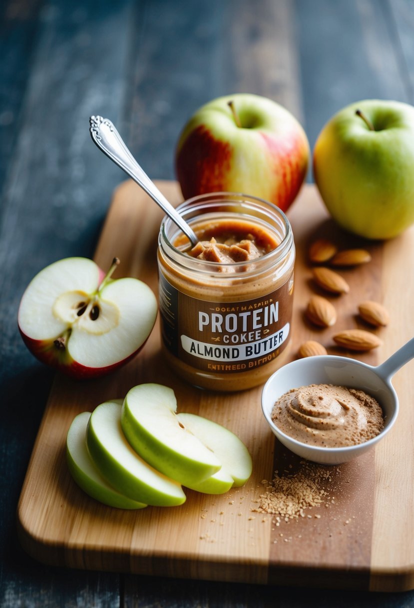 A wooden cutting board with sliced apples, a jar of almond butter, and a sprinkle of protein powder