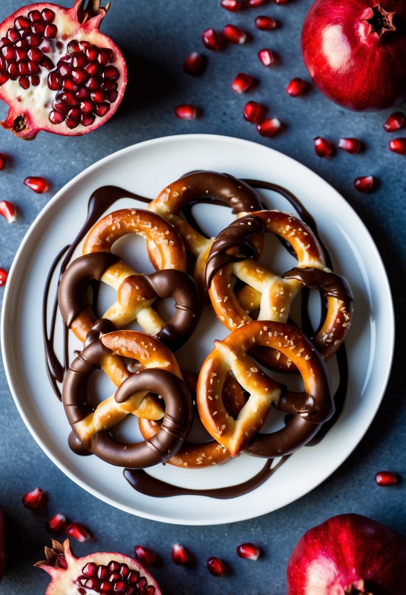 A plate of pretzels dipped in pomegranate glaze, surrounded by scattered pomegranate seeds and a drizzle of chocolate