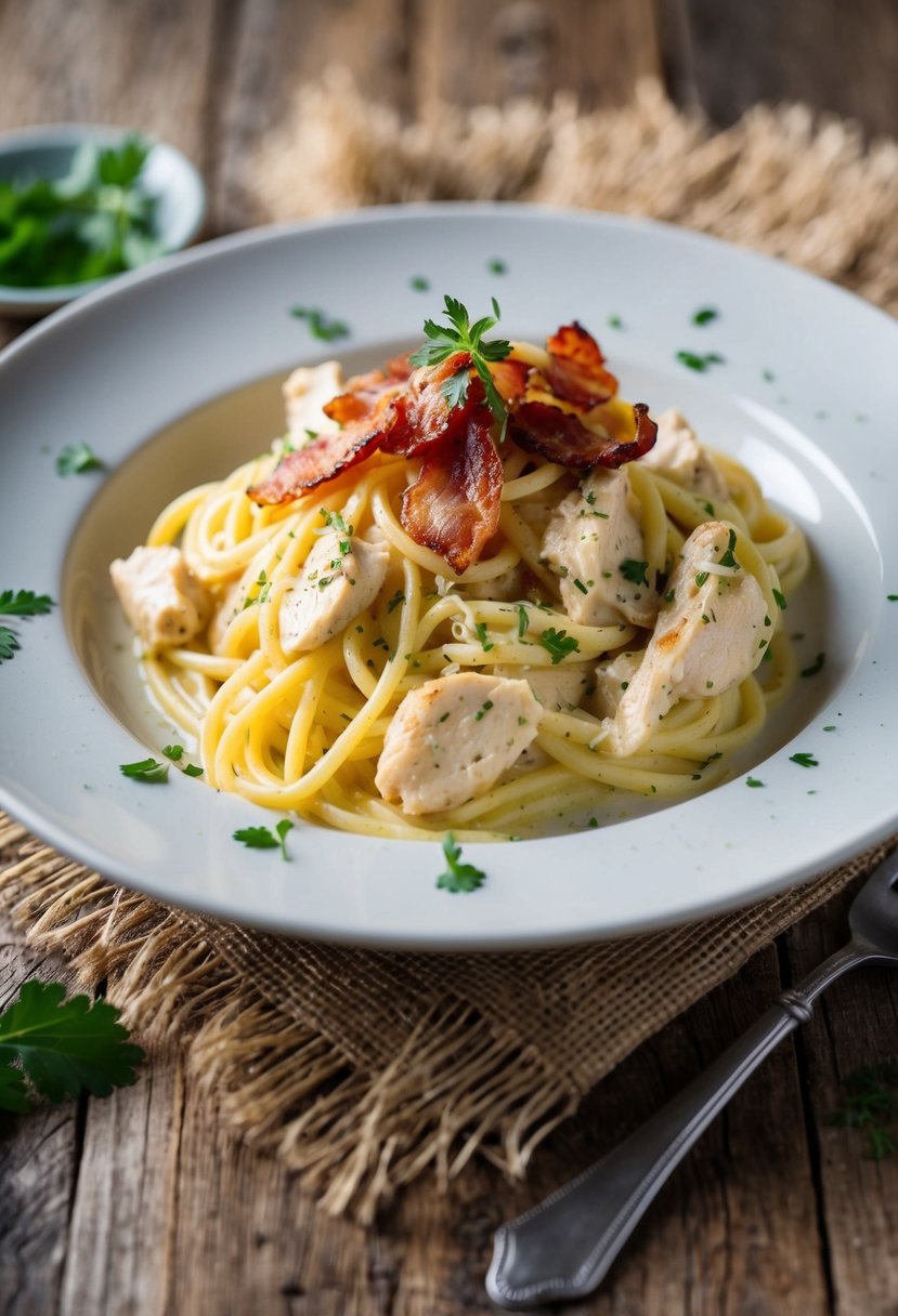 A steaming plate of creamy Chicken Carbonara pasta with crispy bacon and fresh herbs on a rustic wooden table