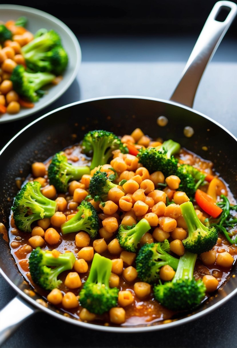 A sizzling skillet with chickpeas, broccoli, and colorful vegetables stir-frying in a savory sauce