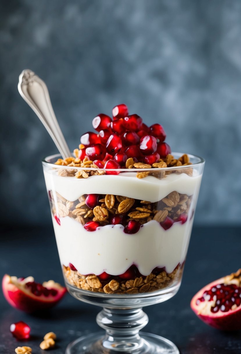 A glass parfait dish layered with yogurt, granola, and pomegranate compote, topped with fresh pomegranate arils