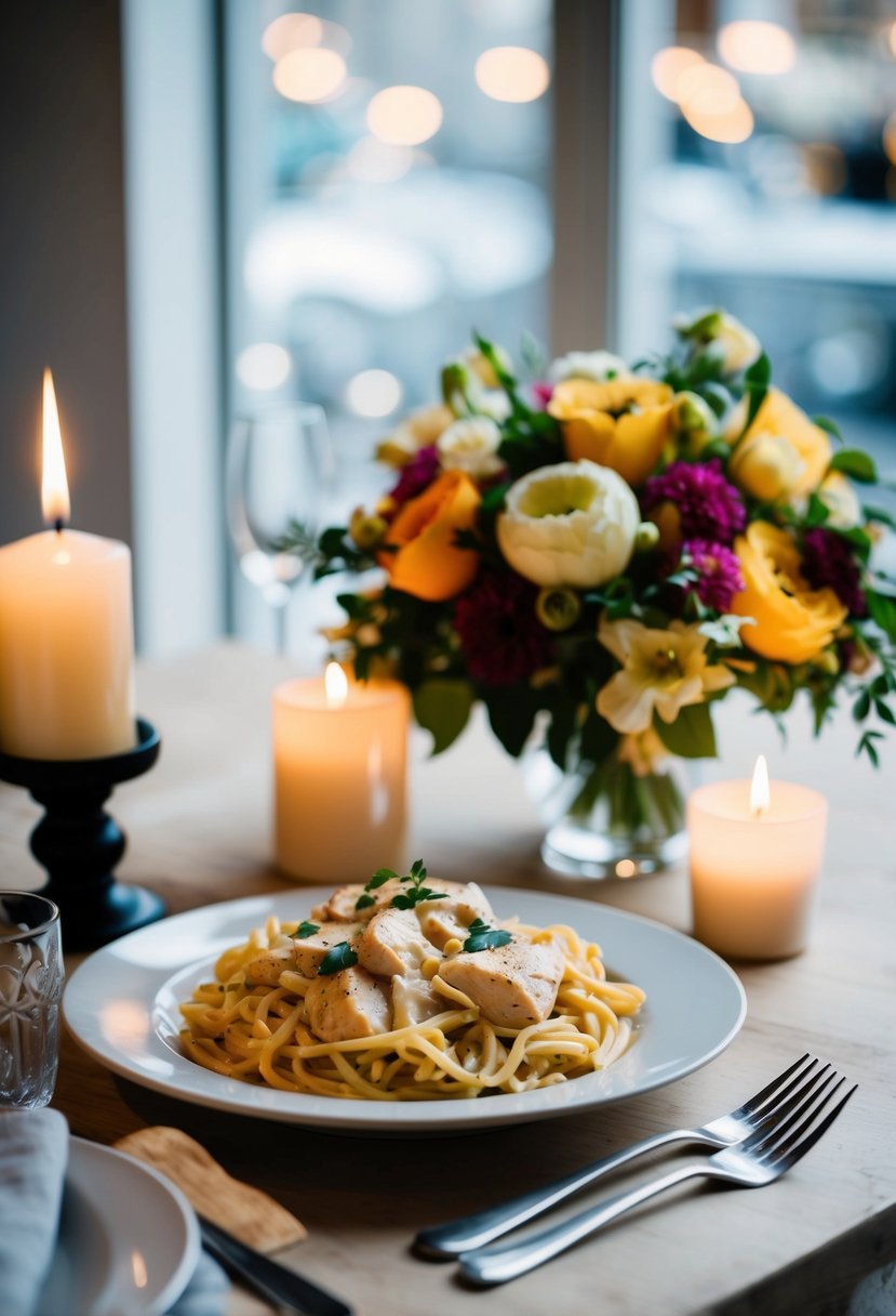 A table set with a steaming plate of creamy chicken pasta, surrounded by candles and a bouquet of fresh flowers