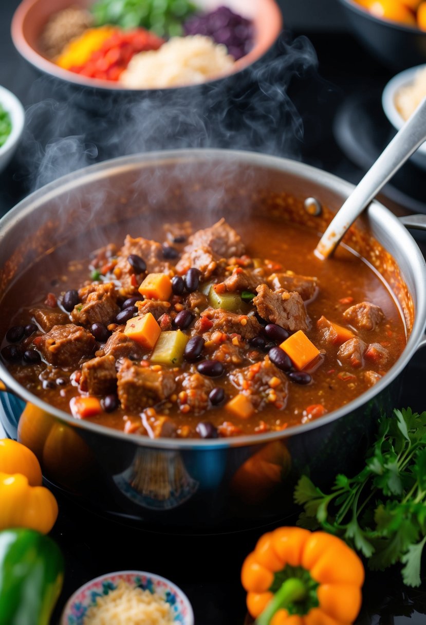 A steaming pot of beef and black bean chili simmering on a stovetop, surrounded by colorful spices and fresh ingredients