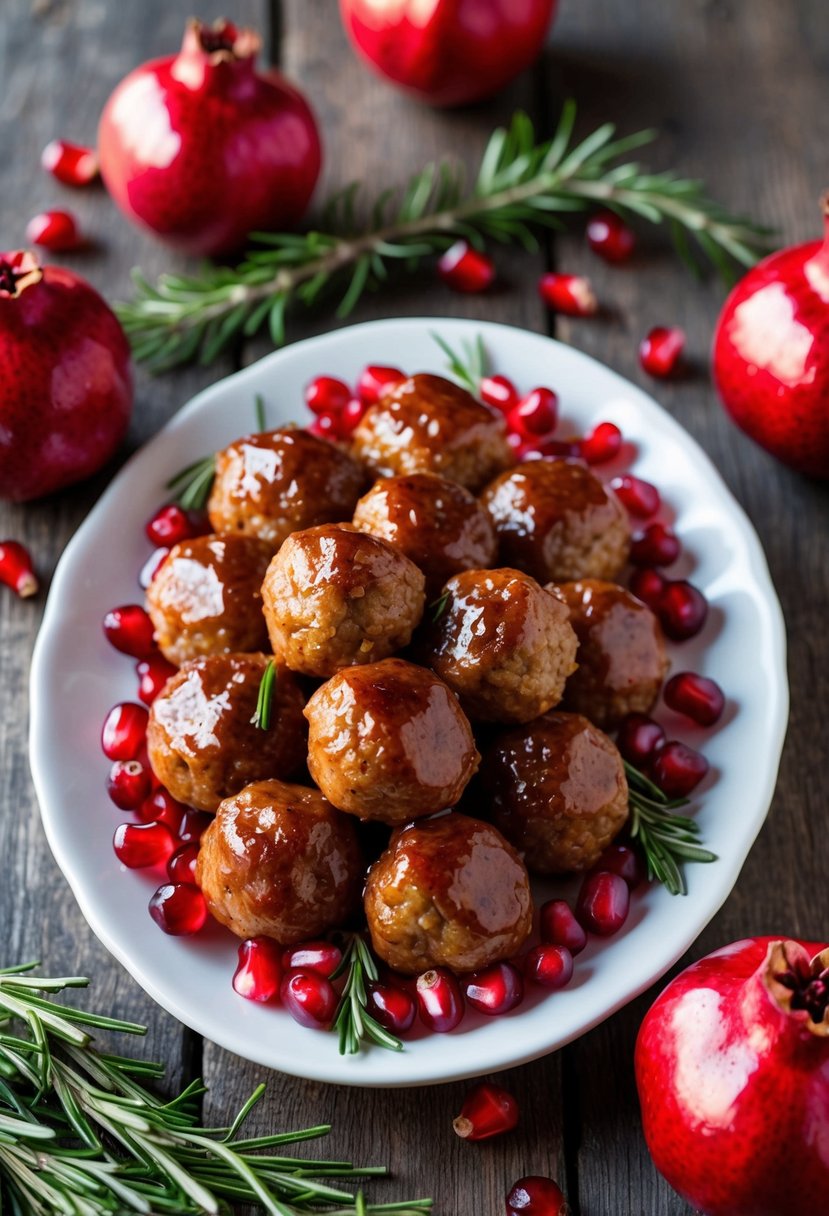 A platter of glazed pomegranate turkey meatballs surrounded by fresh pomegranates and sprigs of rosemary, set on a rustic wooden table