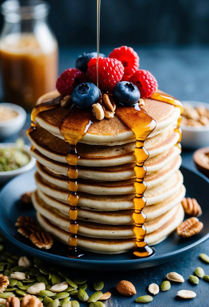 A stack of protein-packed pancakes topped with fresh berries and drizzled with maple syrup, surrounded by a scattering of nuts and seeds