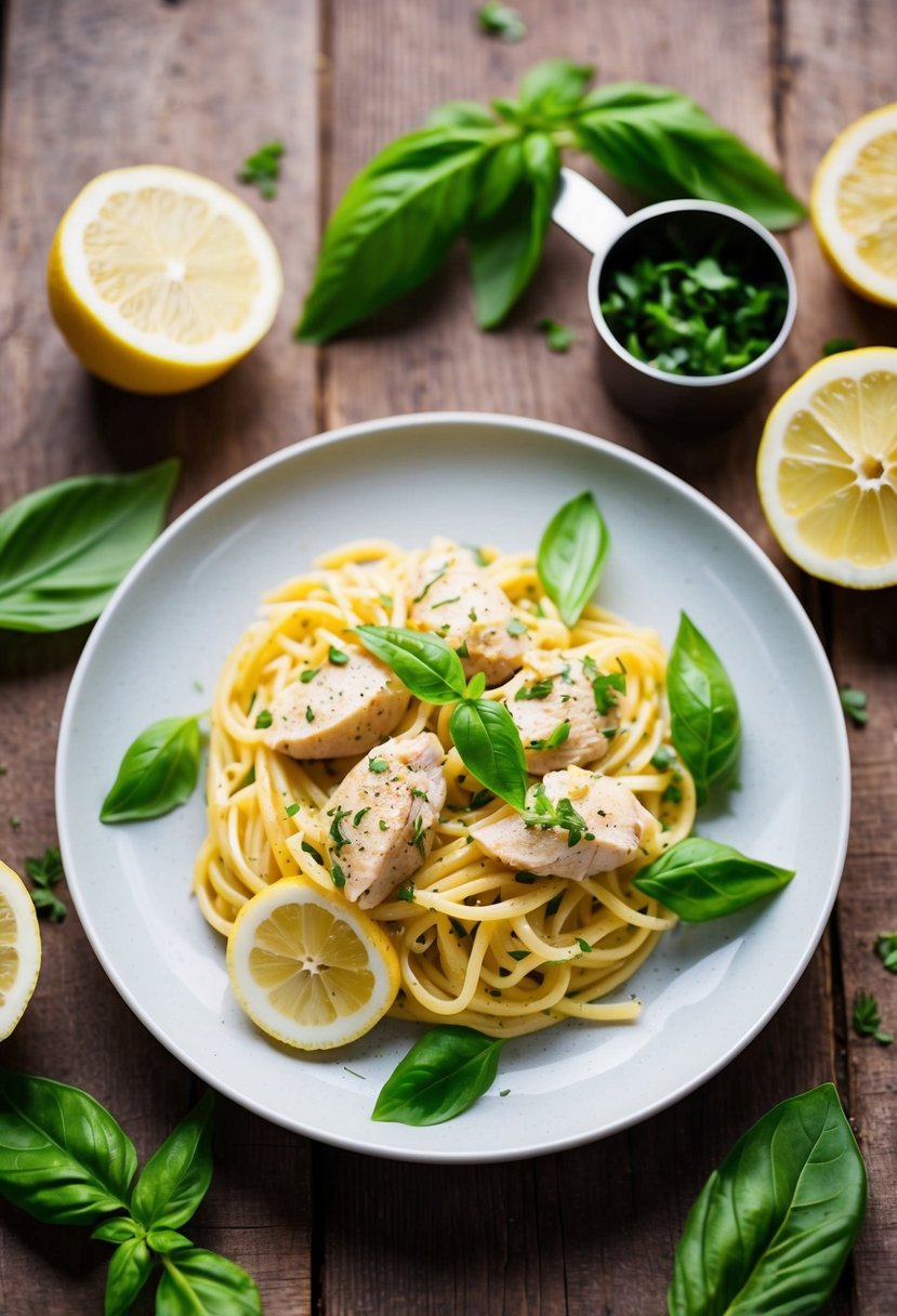 A plate of lemon basil chicken pasta on a rustic wooden table with fresh basil leaves and lemon slices scattered around