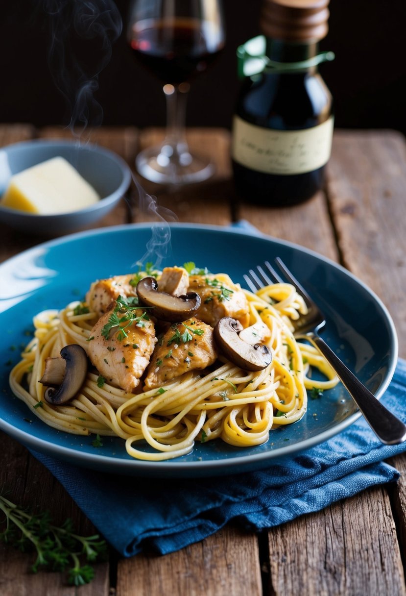 A steaming plate of Chicken Marsala Pasta with mushrooms and herbs, served on a rustic wooden table