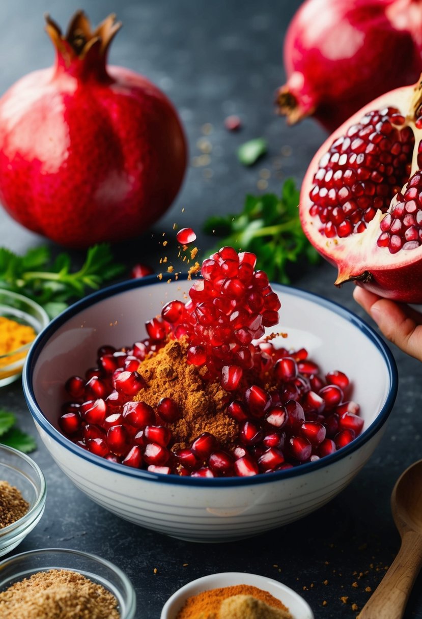 A vibrant pomegranate being crushed into a bowl, surrounded by various spices and ingredients, ready to be turned into a flavorful Turkish pomegranate chutney