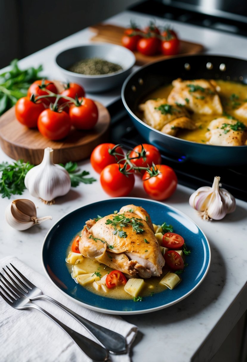 A table set with a plate of Marry Me Chicken, surrounded by ingredients like tomatoes, garlic, and herbs. A skillet simmers on the stove