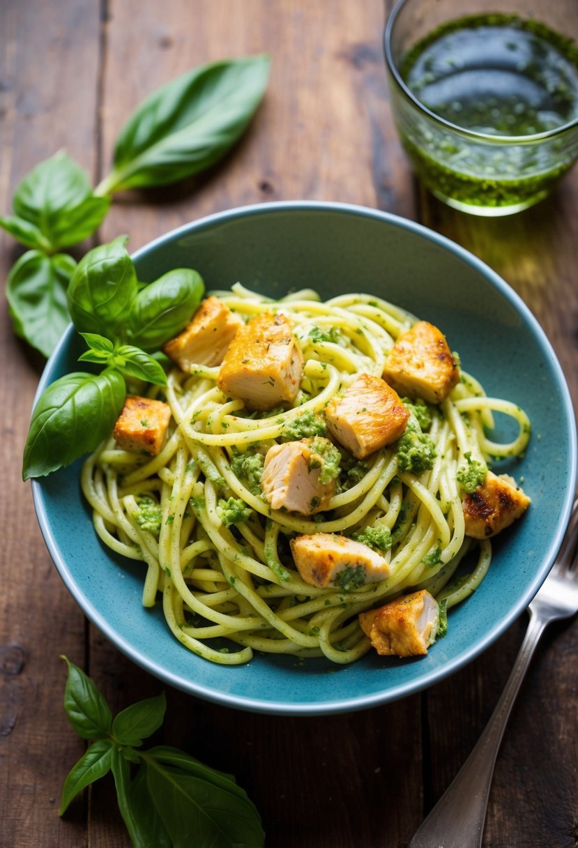 A steaming bowl of pesto chicken pasta on a rustic wooden table. Vibrant green basil leaves and golden grilled chicken pieces garnish the dish