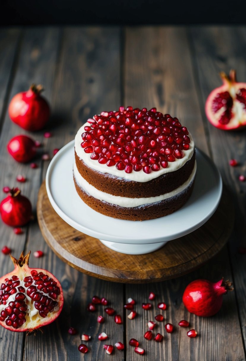 A pomegranate cake sits on a rustic wooden table, surrounded by scattered pomegranate seeds and a few fresh pomegranates