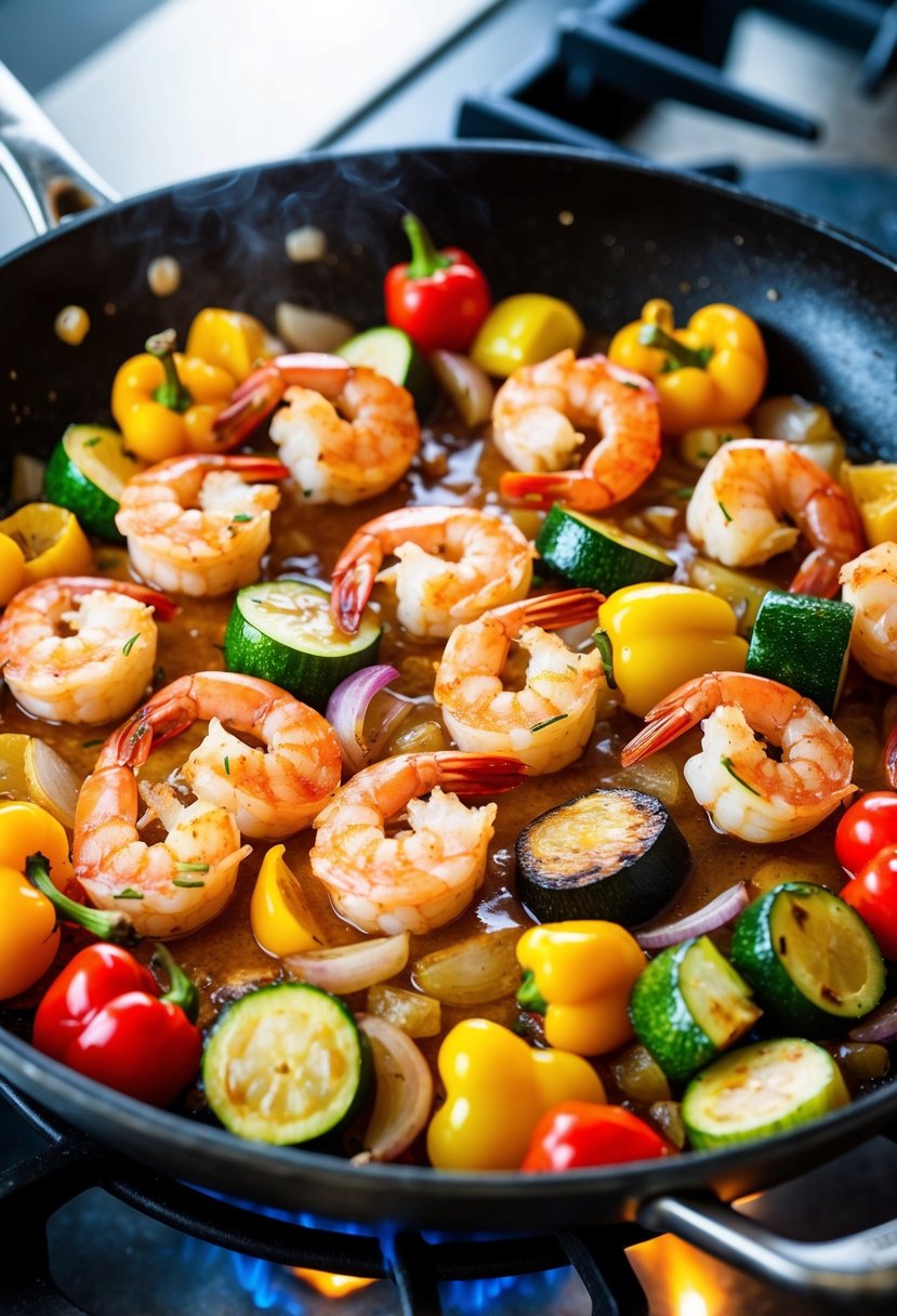 A sizzling skillet filled with colorful shrimp, bell peppers, zucchini, and onions cooking over an open flame