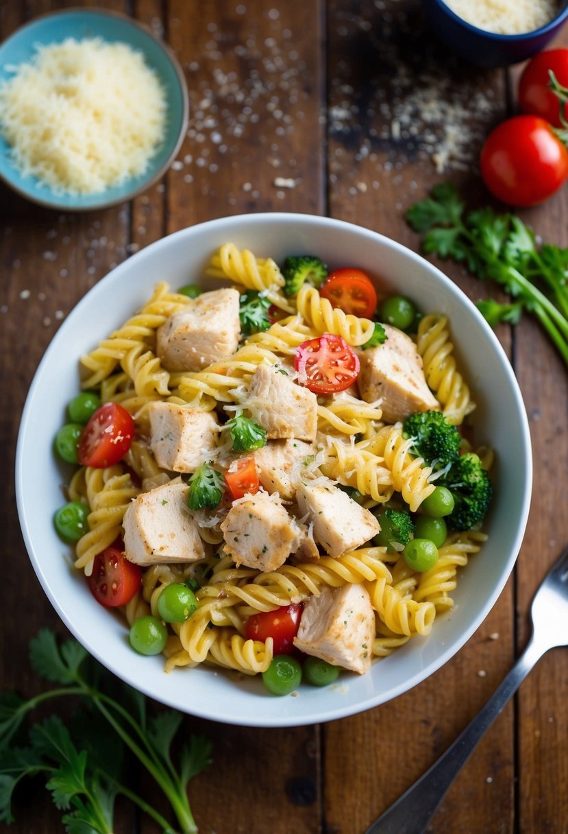 A colorful bowl of Chicken Primavera Pasta with fresh vegetables and tender chunks of chicken, topped with grated cheese