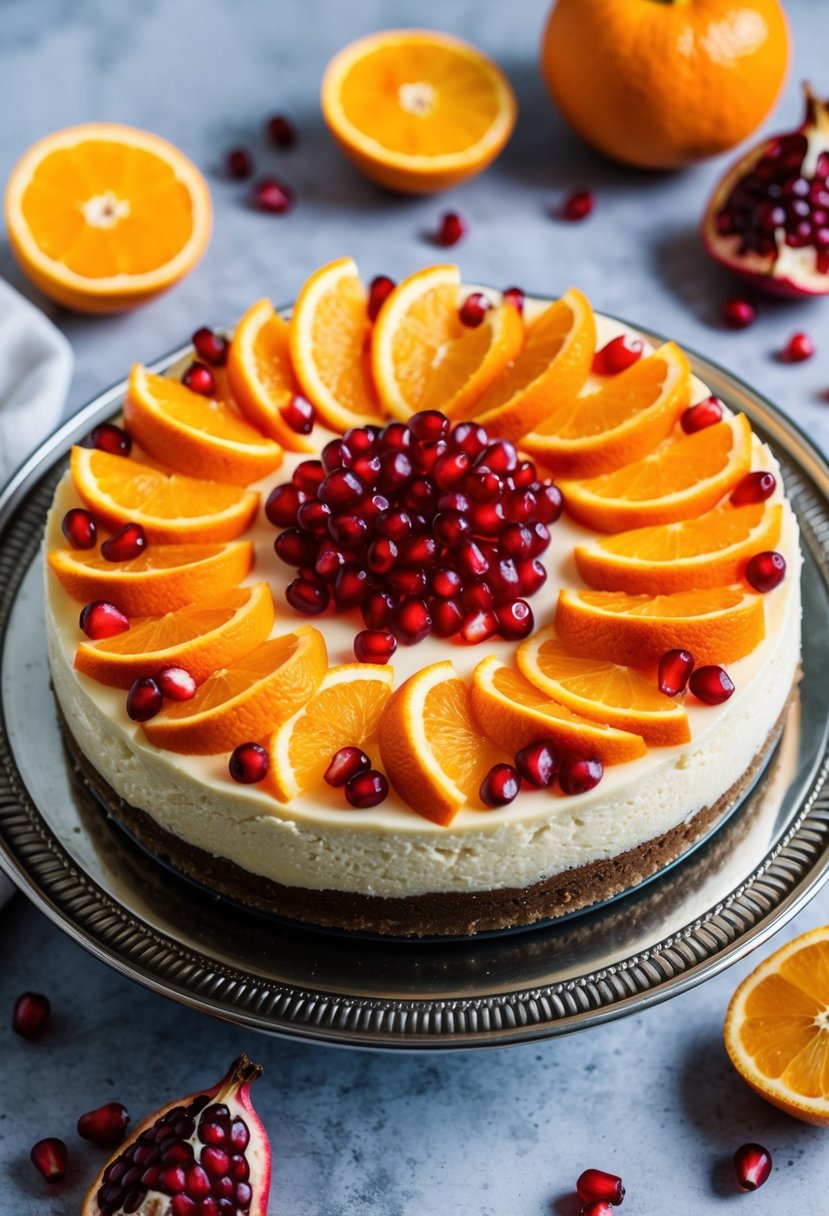 A vibrant orange and pomegranate cheesecake surrounded by fresh pomegranate seeds and slices of orange, set on a decorative serving platter