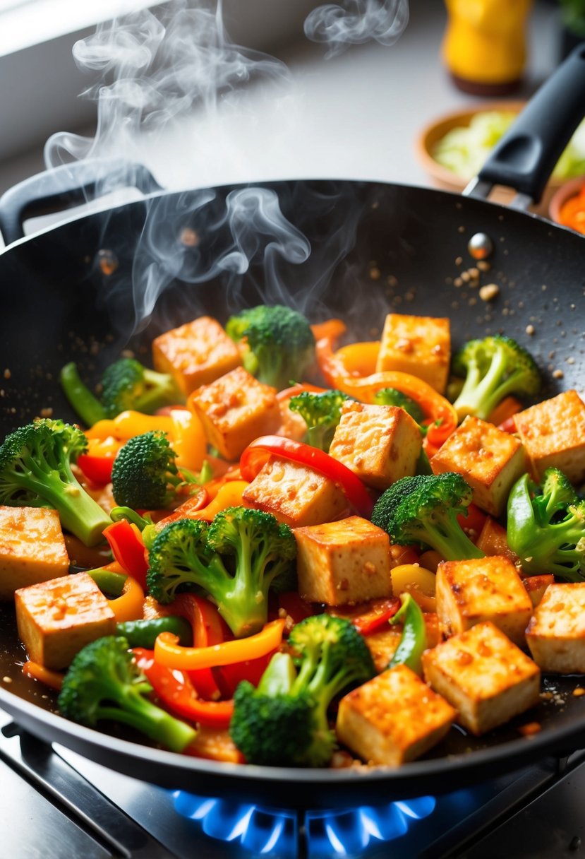 A sizzling wok filled with colorful tofu, broccoli, bell peppers, and spicy sauce. Steam rising, vibrant and aromatic