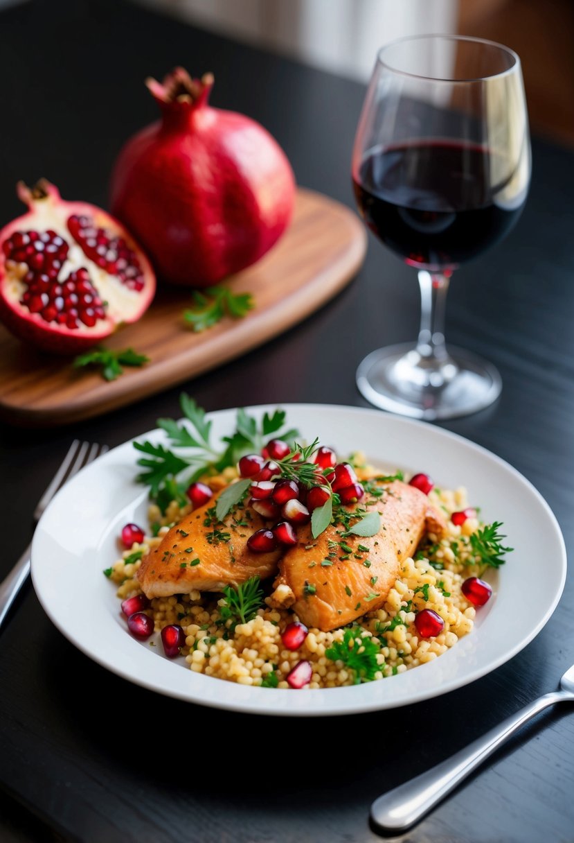 A table set with a plate of pomegranate chicken and couscous, garnished with fresh pomegranate seeds and herbs, accompanied by a glass of red wine