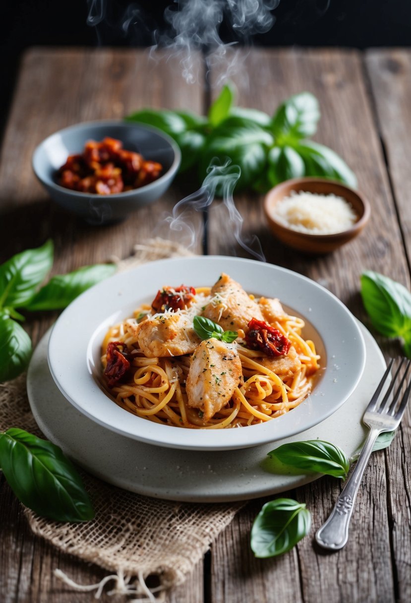 A steaming plate of sun-dried tomato chicken pasta on a rustic wooden table, surrounded by fresh basil leaves and a sprinkle of parmesan cheese