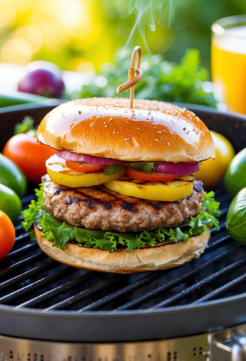 A sizzling turkey burger on a grill, surrounded by colorful vegetables and herbs