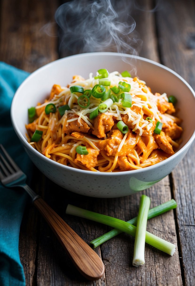 A steaming bowl of buffalo chicken pasta, topped with shredded cheese and fresh green onions, sits on a rustic wooden table