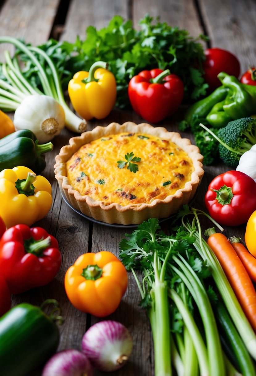 A colorful array of fresh vegetables arranged around a golden, crustless quiche on a rustic wooden table