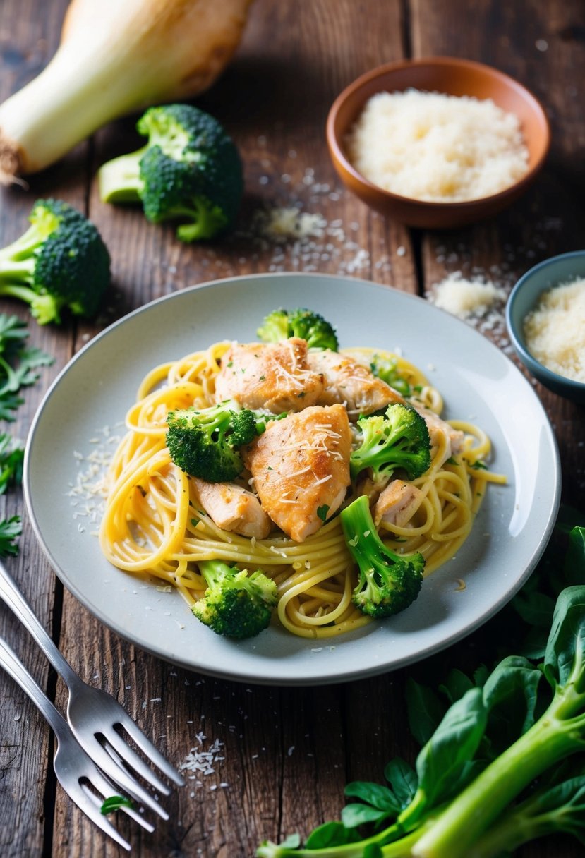 A steaming plate of chicken and broccoli pasta sits on a rustic wooden table, surrounded by fresh ingredients and a sprinkle of parmesan cheese