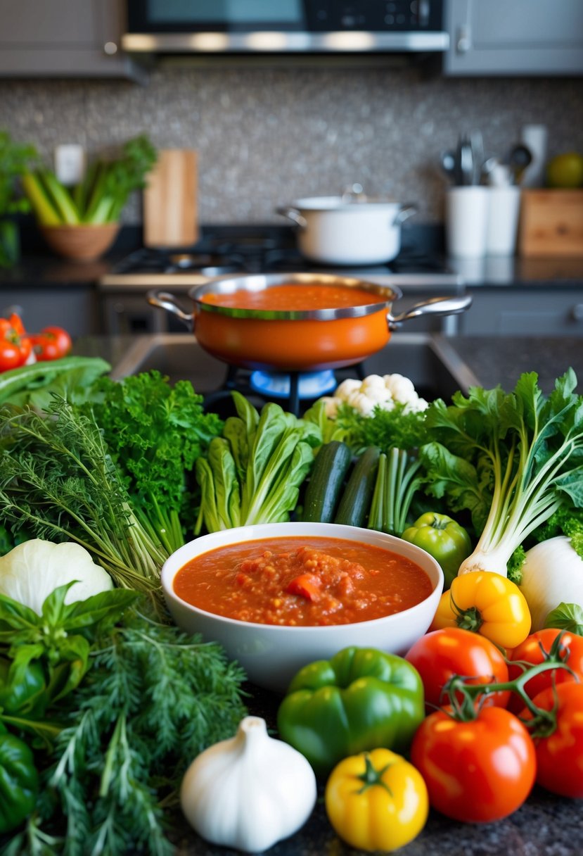 A variety of fresh vegetables and herbs arranged on a kitchen counter, with a pot of simmering tomato sauce on the stove