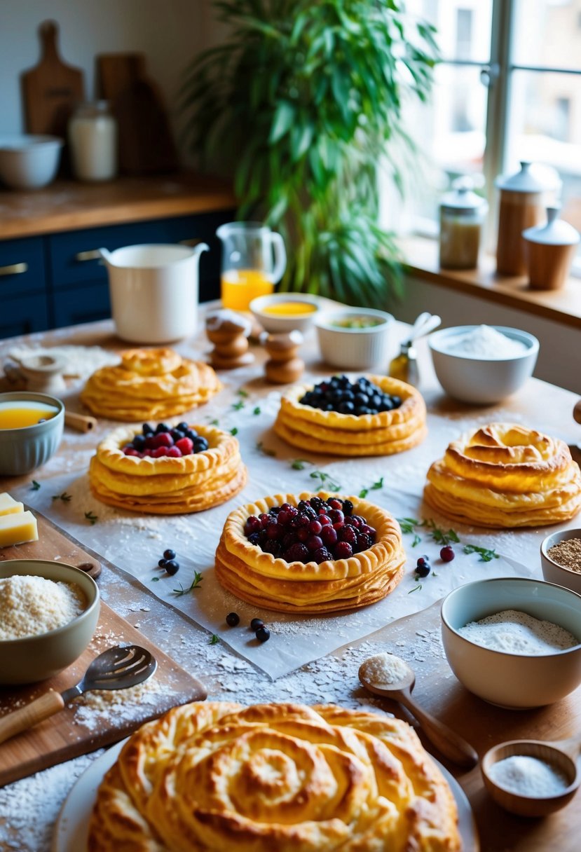 A table covered with various puff pastry recipes, surrounded by ingredients and baking tools