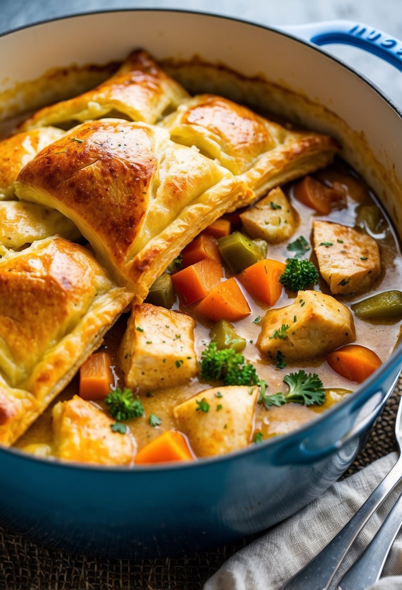 A golden, flaky puff pastry crust covers a bubbling pot filled with chunks of tender chicken, colorful vegetables, and a creamy, savory sauce