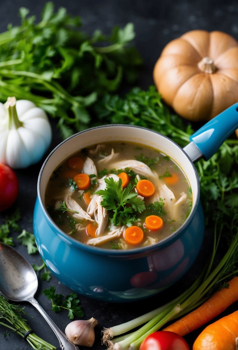 A pot of simmering turkey soup surrounded by fresh vegetables and herbs