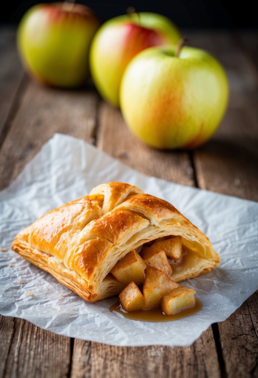 A golden-brown puff pastry turnover sits on a rustic wooden table, with a flaky crust and sweet apple filling spilling out