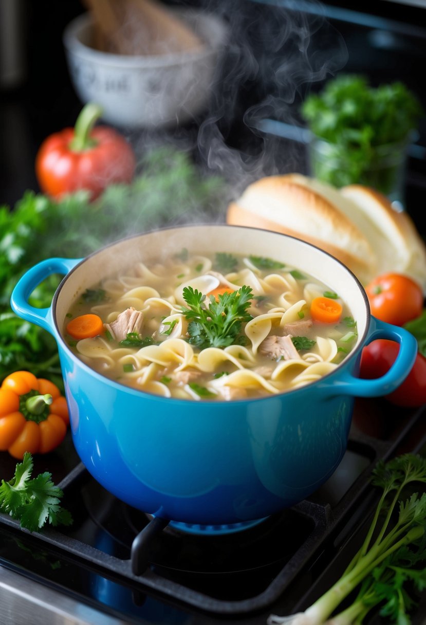 A steaming pot of classic turkey noodle soup, surrounded by fresh vegetables and herbs, simmering on a stovetop