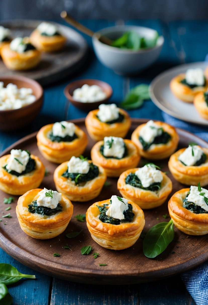 Golden-brown puff pastry bites filled with spinach and feta, arranged on a rustic wooden serving platter