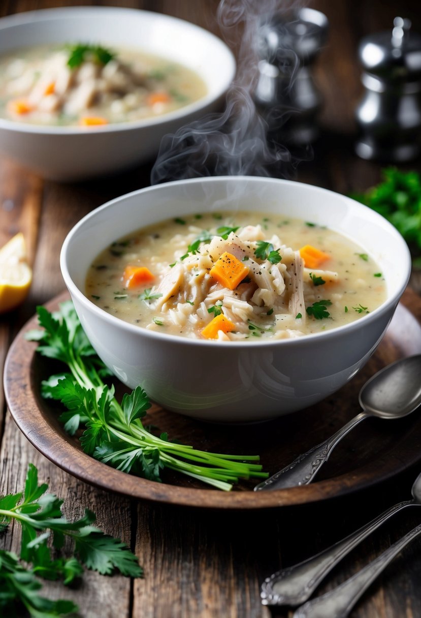 A steaming bowl of creamy turkey and rice soup sits on a rustic wooden table, surrounded by fresh herbs and a sprinkle of black pepper