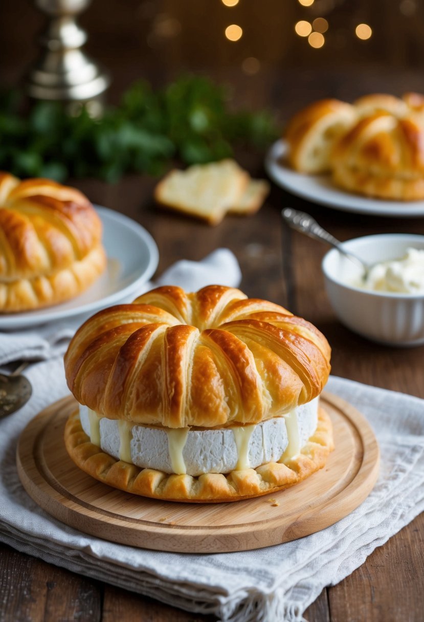 A golden-brown puff pastry encases a wheel of creamy brie, adorned with decorative cuts and ready for baking