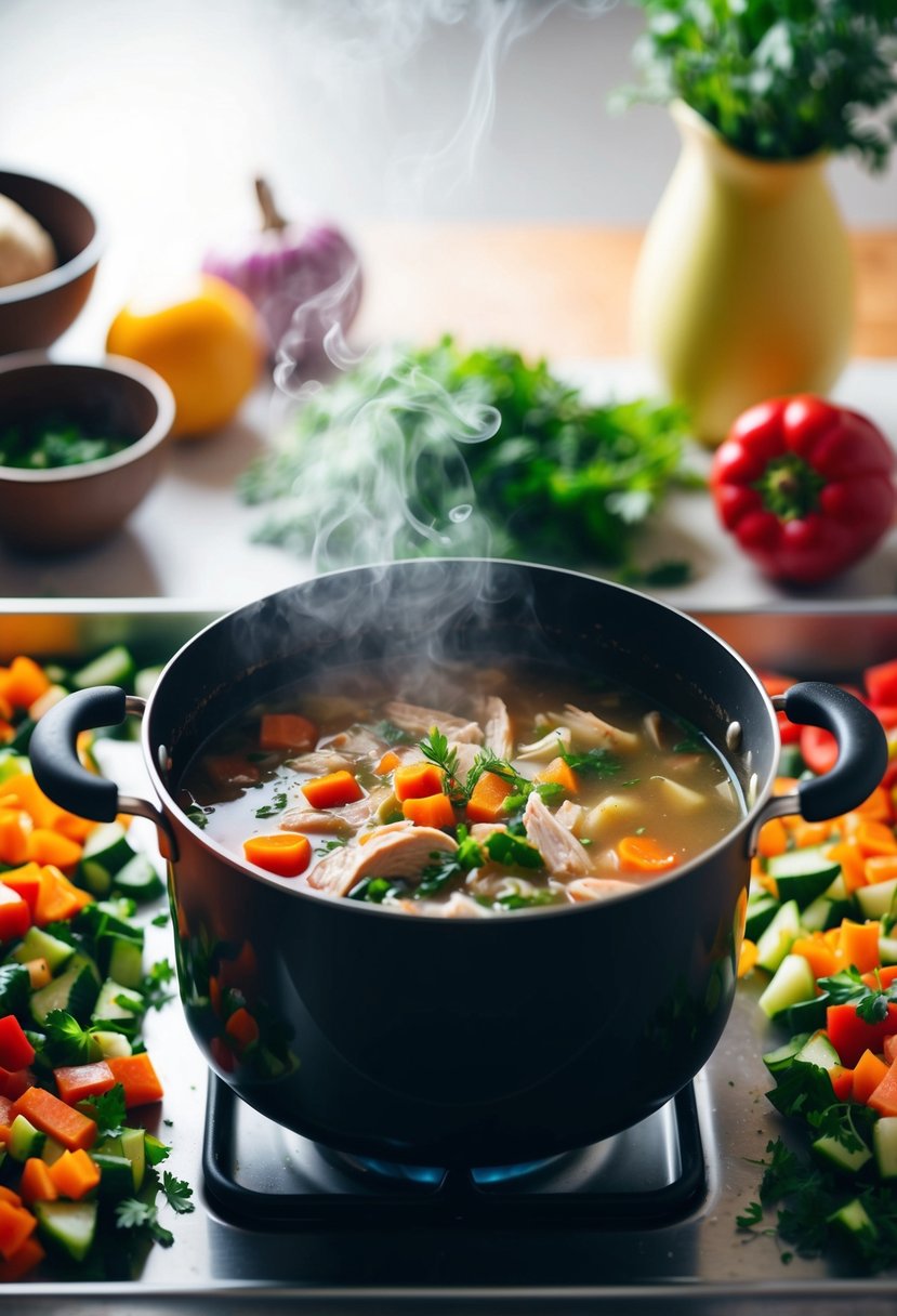 A steaming pot of turkey vegetable soup simmers on the stove, surrounded by colorful chopped vegetables and herbs