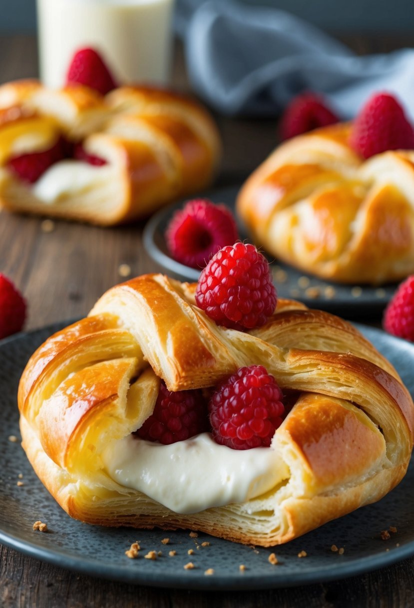 A golden, flaky puff pastry danish filled with creamy cream cheese and topped with vibrant, sweet raspberries