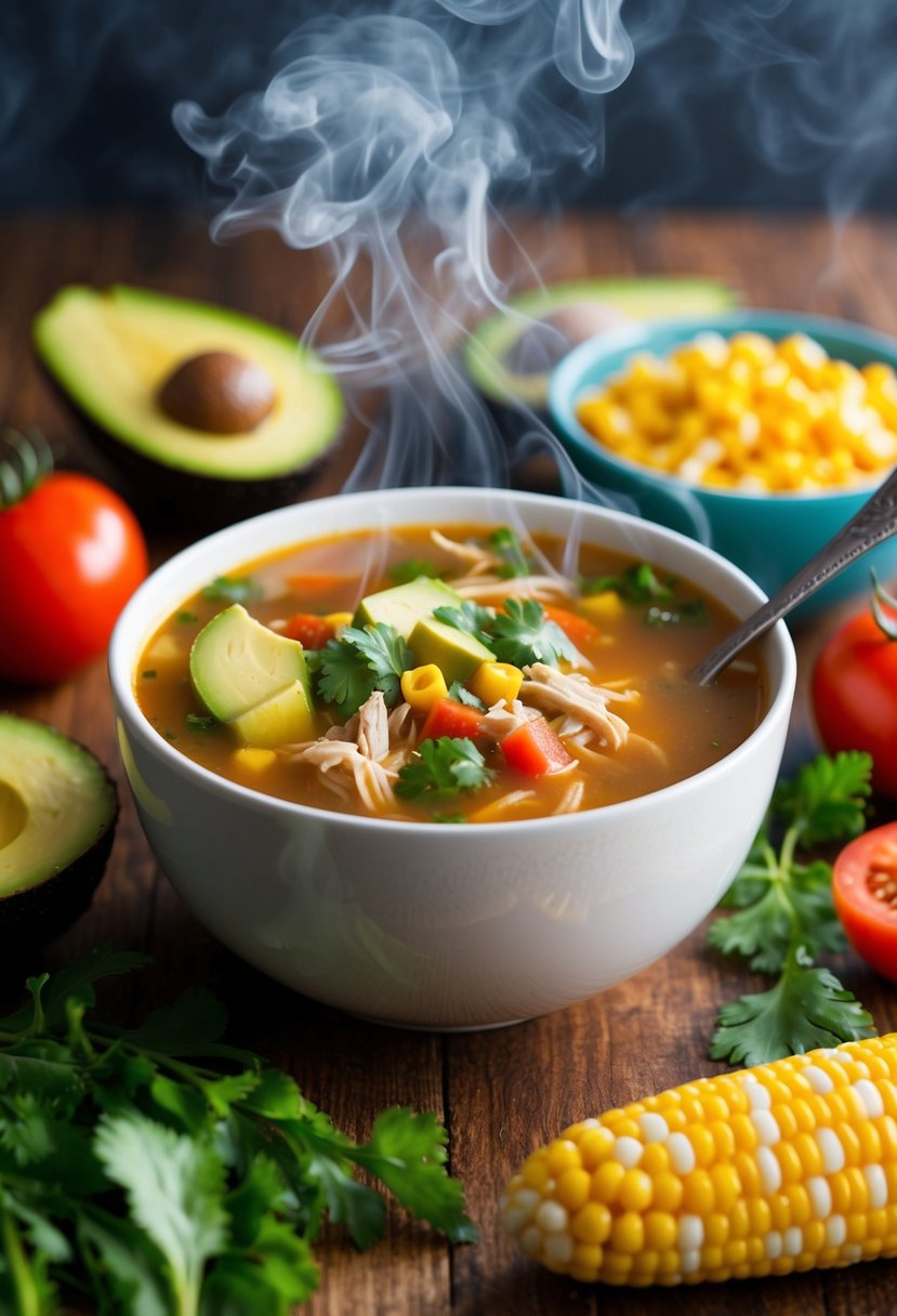 A steaming bowl of Tex-Mex turkey soup surrounded by colorful ingredients such as avocado, corn, and tomatoes