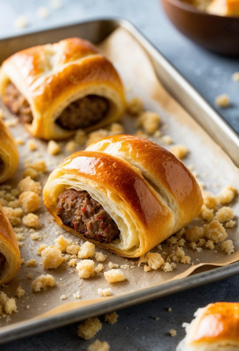 A golden-brown savory sausage roll sits on a parchment-lined baking sheet, surrounded by flaky, buttery puff pastry crumbs