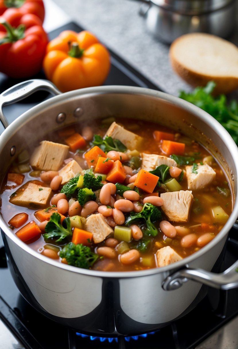 A pot of Italian-style turkey minestrone simmers on a stovetop, filled with colorful vegetables, chunks of turkey, and hearty beans