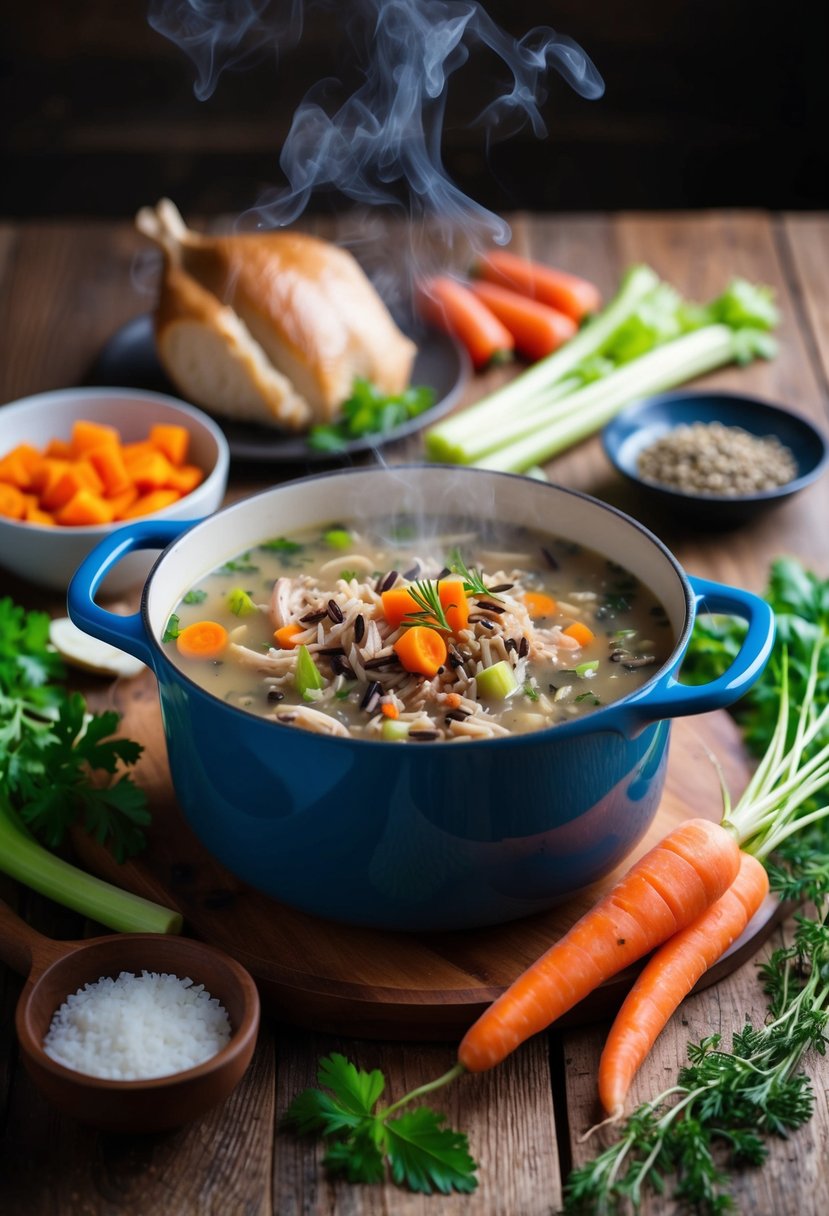 A steaming pot of turkey and wild rice soup surrounded by fresh ingredients like carrots, celery, and herbs on a rustic wooden table